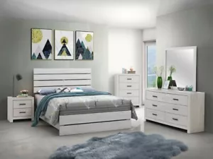 WHITE 4 PC PLANK WOOD KING BED NS DRESSER MIRROR BEDROOM FURNITURE SET - Picture 1 of 24
