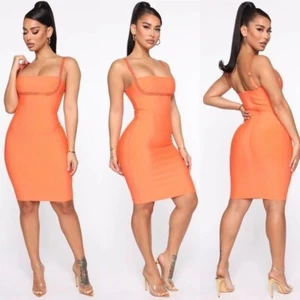 Fashion Nova orange bandage rhinestone spaghetti strap mini dress size large NWT - Picture 1 of 6