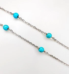 14K White Gold Round Turquoise Beaded Station Chain Necklace /3.6grams /17inches - Picture 1 of 11