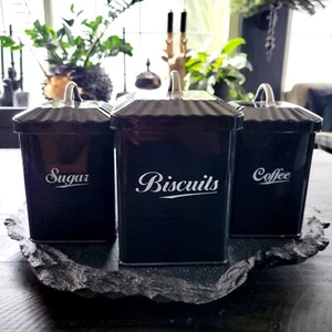 Black Metal Canisters Biscuits Sugar Coffee Silver Handles Kitchen Storage - Picture 1 of 9