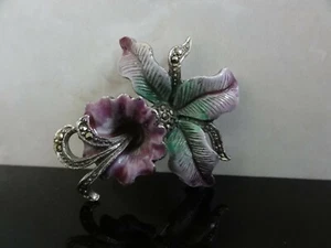 Antique Enamel Marcasite Rhodium Iris Orchid Flower Brooch Art Nouveau Pin Vtg - Picture 1 of 7