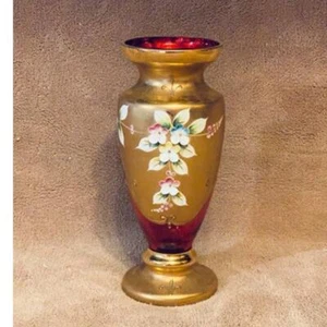 Jarrón vintage bohemio checo arándano oro 24K incrustado vidrio esmaltado (década de 1950) - Imagen 1 de 6
