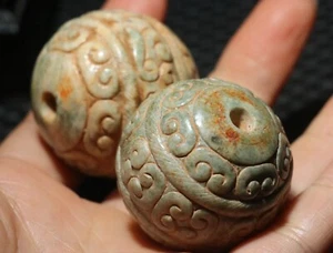 Pair of Chinese Hetian Old JADE Linking Fortune Large Ball Sphere 40MM Amulets - Picture 1 of 12