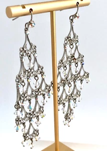 Vintage Silver Tone Aurora Borealis Crystal Dangling Chandelier Earrings 3 1/2" - Imagen 1 de 6