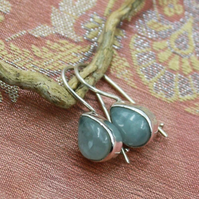 Acquamarina Orecchini Pendenti Argento Sterling 925 Gocce Moderno Cabochon Paio - Immagine 1 di 4