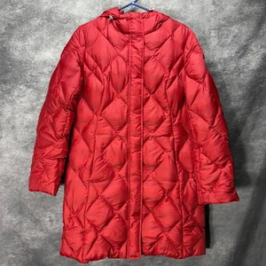 Eddie Bauer Long Down Puffer Jacket Womens S Red EB650 Fill Hooded Diamond - Picture 1 of 10