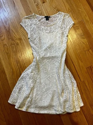 AQUA ~ Linen White Dress Short Sleeve A Line Lined Dress Size Small Stunning - image 1 of 4