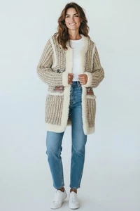 Cárdigan Boho Vintage Riddles By Elliot’s Suéter Grande Costero Grueso Tejido - Imagen 1 de 8