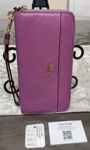 Coach lange Geldbörse mit umlaufendem Reißverschluss Kalbsleder lila Leder Handy Clutch AUTHENTISCH NEU - Bild 1 von 10