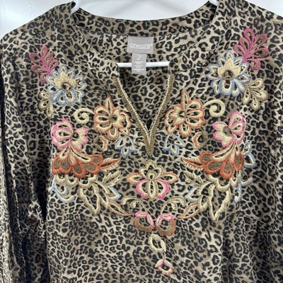 Top Chicos Mujer Talla Grande Marrón Estampado Guepardo Bordado Floral Mangas Campana Foto 1 de 4