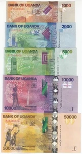 Uganda, Juego 5 piezas, 1000, 2000, 5000, 10000, 50000 chelines, 2024, P49-54, UNC - Imagen 1 de 2