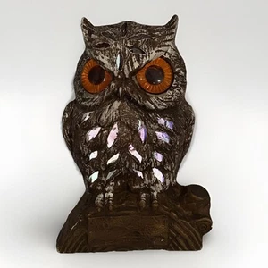 Vtg Owl Ceramic Lighted Lamp 6 Inch Ceramic Orange Eyes Brown White - Picture 1 of 10