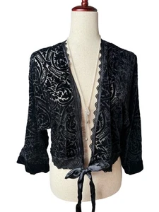 Vintage Talbots schwarz Samt Burnout Tie-Front Kimono Jacke L Seidenmischung Y2K Urlaub - Bild 1 von 9