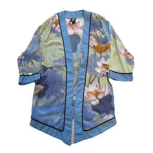 Cárdigan Kimono Ann Namba 100% Seda Loto Floral Estampado Asiático Frente Abierto Talla S - Imagen 1 de 6