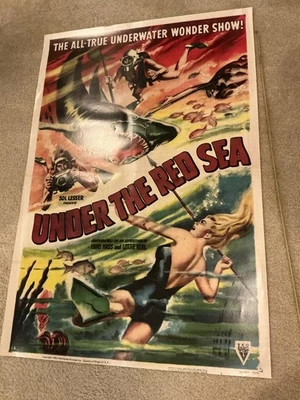 UNDER THE RED SEA 27x40 SCUBA DIVING MOVIE POSTER  1951 HANS HASS LOTTE HASS NEW - Imagem 1 de 4