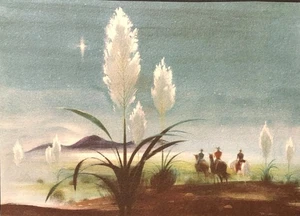 Vintage Weihnachtsgrußkarte Männer reiten schöne Pferde federähnlicher Farn STERN - Bild 1 von 2