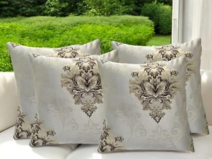 DAMASK Grey Cream Embossed Cushion Covers 18x18" - Set of 4 Jacquard - Picture 1 of 14