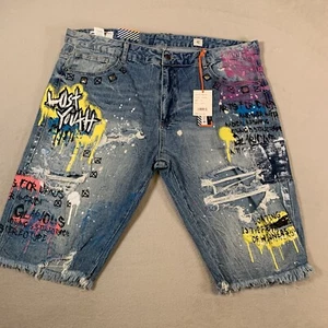 Smoke Rise Shorts Mens 42 Blue Graffiti Lost Youth Street Wear Medium Wash NEW - Picture 1 of 14