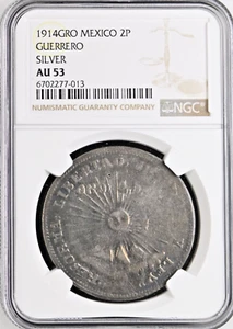 1914 GRO Mexico 2 Pesos KM#643 NGC AU53 State of Guerrero Silver Revolutionary - Picture 1 of 2