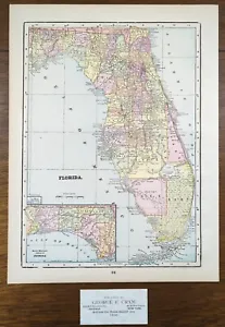 Antique 1896 FLORIDA Map 11"x14" ~ Old Original BRONSON CEDAR KEY GAINESVILLE FL - Picture 1 of 9
