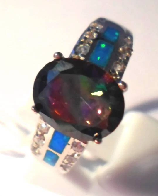 GORGEOUS MYSTIC TOPAZ/BLUE FIRE OPAL RING UK Size "P"  US 8 - Image 1 of 1