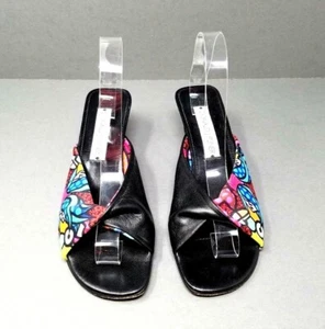 Donald J Pliner Sandal Black Leather Colorful Fabric Mules Slides Spain Size 9.5 - Picture 1 of 7