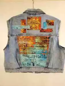 Upcycled Art Faded Denim Vest Plus Size Biker Jacket Festival - Picture 1 of 3