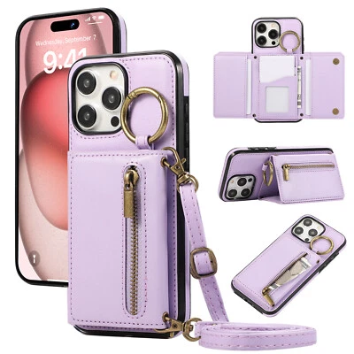 For iPhone 16 Pro Max 15 14 13 12 11 Ring Zipper Card Wrapped Leather Phone Case - Image 1 of 4