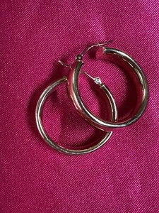 14K Real Solid Yellow Gold Shiny polished Round Hoop Earrings - Picture 1 of 9