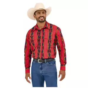 112365885 Wrangler Para hombres Checotah Calce Clásico Western LS Camisa Roja Estampado SW Nueva - Imagen 1 de 8