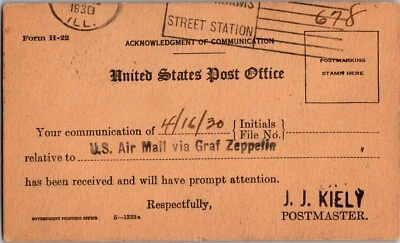 1930 USA NY New York Graf Zeppelin LZ 127 USPO Stampless Postcard Cover to IL - Image 1 of 2