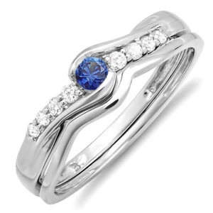 0.25 CT 14k White Gold Round Blue Sapphire & White Diamond Bridal Engagement Set - Picture 1 of 1