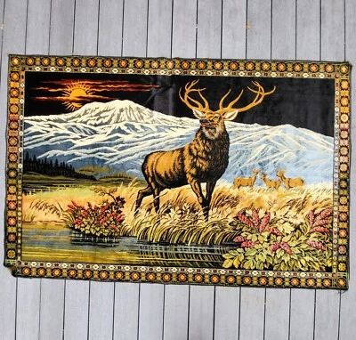 Colgador de pared de cabaña tapiz vintage Mule Deer Mountain Lake Sunset 74"x49" *LEER* Foto 1 de 4