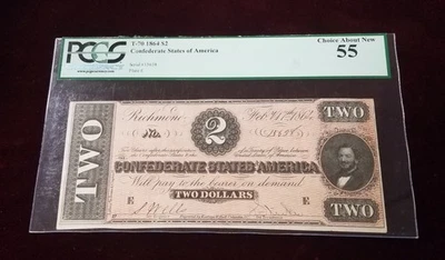 1864 Confederate States of America $2 |  PCGS AU 55  | Civil War Banknote - Image 1 of 2