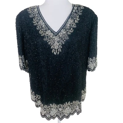 Blusa de Colección Laurence Kazar Nueva York Talla Grande 2X Cuentas Seda Noche Formal Foto 1 de 4