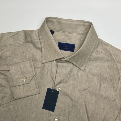 NUEVA Camisa de Vestir David Donahue Para Hombres Puño de Barril Mediano Duna Beige Espiga Foto 1 de 4