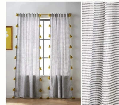 ANTHROPOLOGIE Mindra Conjunto de 2 Cortinas de Algodão Listradas Azul Marinho Borlas Verdes 63x50” - Imagem 1 de 4