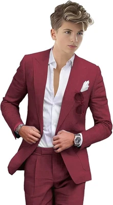 Traje de verano de playa de lino para niños adolescentes niños solapa pico calce ajustado abrigo formal pantalón Foto 1 de 4