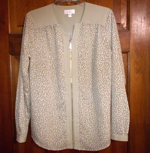 Belle By Kim Gravel Beige & White Full Zip Front Long Sleeve V-Neck Top Size M - Picture 1 of 6