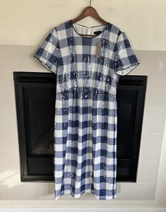 J. Crew Sheath Sequin Dress Gingham Sz 12 Blue White Short Sleeve Midi Maxi NEW - Picture 1 of 15