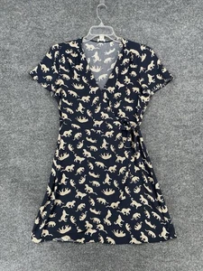 J. Crew Navy Blue Animal Pattern Wrap Dress Womens 8 Preppy Designer Boho - Picture 1 of 13