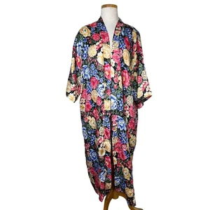 Vintage 80s Floral Satin Kimono Long Robe Lingerie Beaux Reves OS One Size - Picture 1 of 7