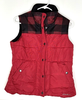 Eddie Bauer Women's Petite Small S Light Weight Puffer Outdoor Vest Red Plaid - Image 1 of 4