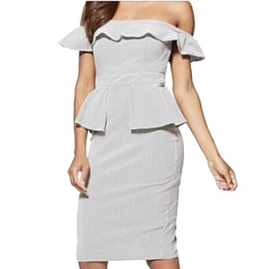 New York & Company Dress Womens Large Striped Peplum Stretch Ruffle Off Shoulder - Picture 1 of 14