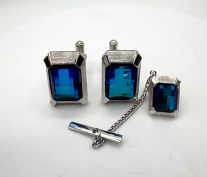Vintage MCM Sherman Senator Faux Blue Topaz Silver Tone Cufflinks & Tie Pin Set - Bild 1 von 7