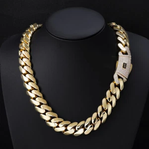 Hip Hop Shiny Miami Cuban Chain Necklace High Polished Gold Plated Mens Jewelry - Picture 1 of 14