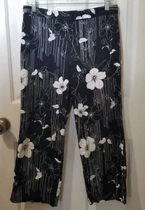 Worthington Womens Cropped Pants Black White Floral Size 10 Dress Stretch Slacks - Picture 1 of 8
