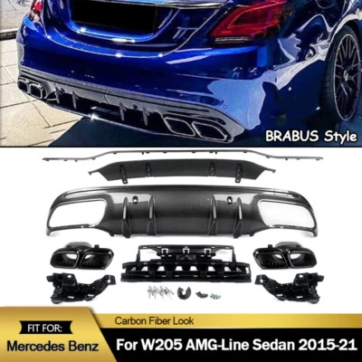 For 2015-2021 Benz C Class W205 C43 C63 Rear Diffuser W/Exhaust Tip Carbon Look Foto 1 de 4