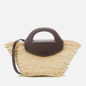 Hereu Alqueria Small Straw Crossbody Tote Natural with Brown Leather Trim Silver - Picture 1 of 9