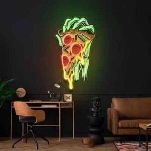 Insegna al neon pizza che tiene teschio con luminosità regolabile, decorazione ristorante - Foto 1 di 11